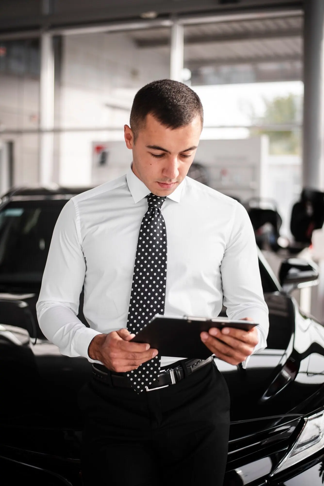 Vorderansicht eines Mannes, der ein Klemmbrett überprüft.